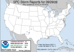 NOAA SPC Tornado News Map for September 30, 2026 -- Weak -- Weak Tornado Hits North of Dodge City