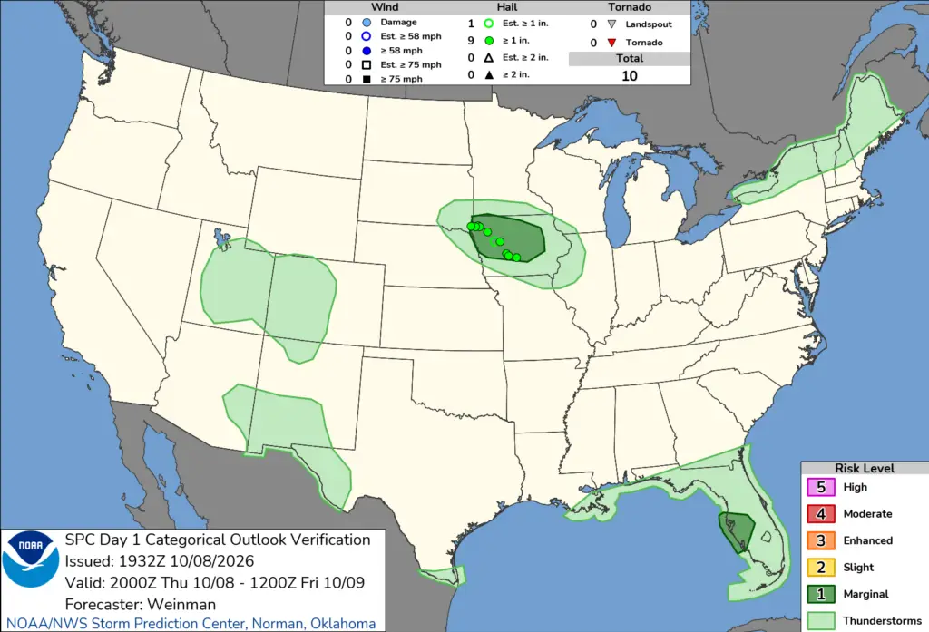 NOAA SPC Convective Outlook Map for October 09, 2026 -- Tornado -- Tornado Watch Covers Pensacola Bay
