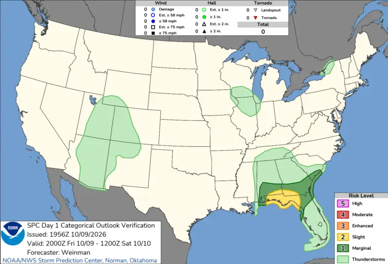 NOAA SPC Convective Outlook Map for October 10, 2026 -- Isaias -- Isaias Leaves Damage Across Florida
