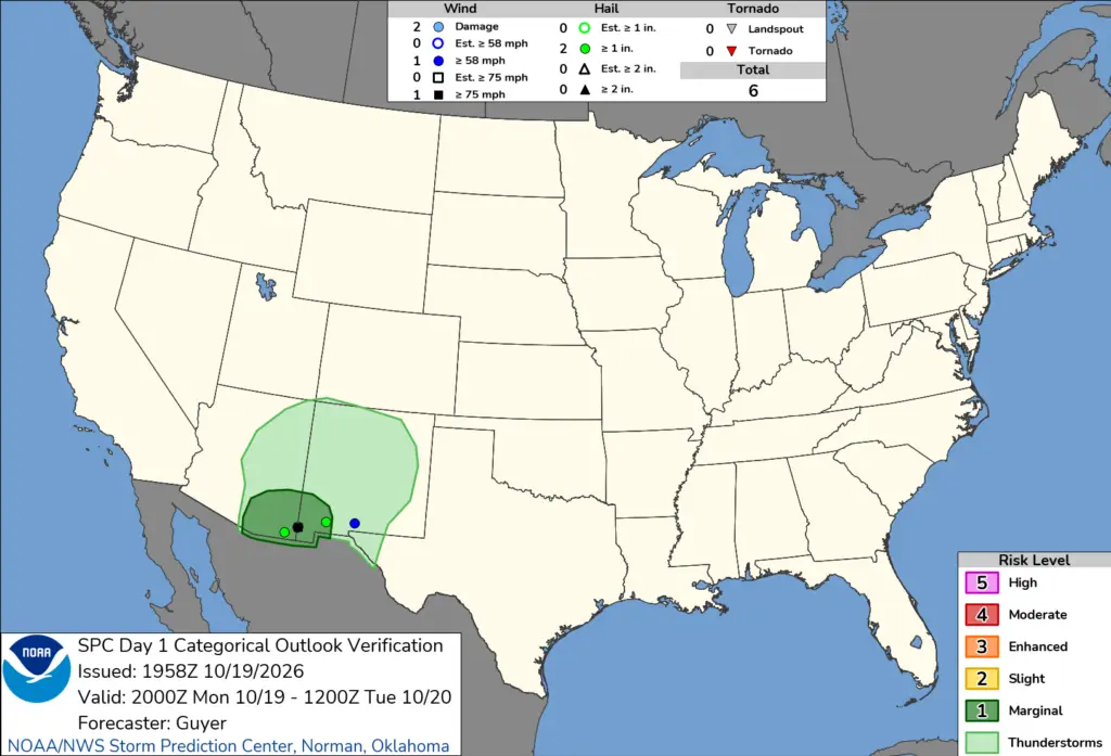 NOAA SPC Storm Reports Map for October 20, 2026 -- Tornado -- Tornado Warning Hits Near Deming