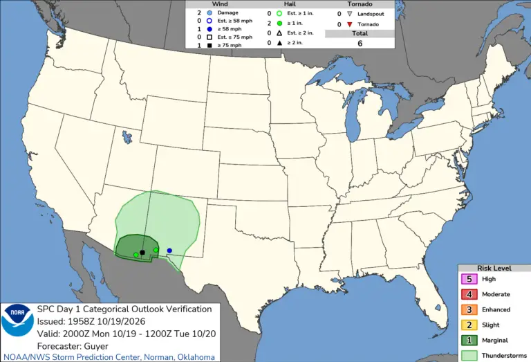 NOAA SPC Storm Reports Map for October 20, 2026 -- Tornado -- Tornado Warning Hits Near Deming